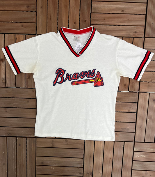 Atlanta Braves Graphic Tee | Size Large | Vintage 1990s MLB Baseball White T-Shirt | Made in USA |