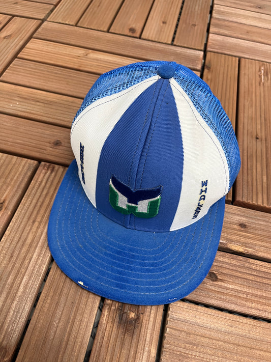 Hartford Whalers Embroidered Graphic Hat | Snap Back | Vintage 1990s NHL Hockey Blue Cap |