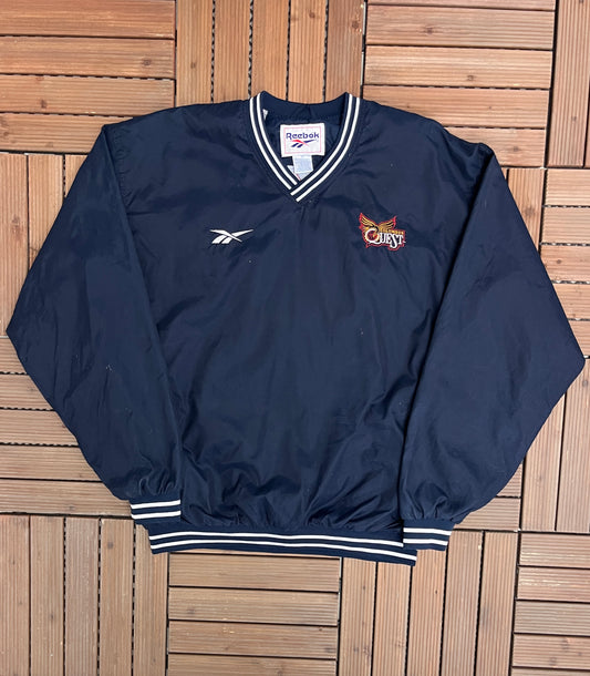 Columbus Quest Embroidered Graphic Windbreaker | Size X-Large | Vintage 2000s Reebok ABL Basketball Blue Light Jacket |