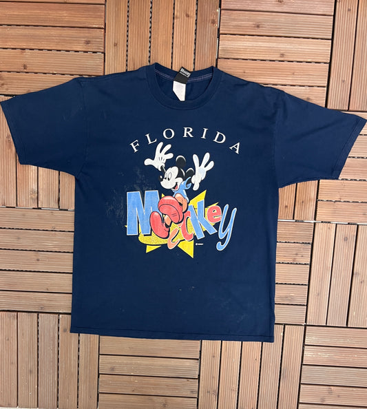 Mickey Mouse Florida Graphic Tee | Size X-Large | Vintage 1990s Disney Cartoon Made in USA Blue T-Shirt |