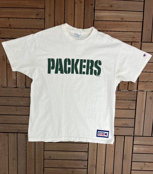 Green Bay Packers Spell Out Graphic Tee | Size X-Large | Vintage 1990s Single Stitch White T-Shirt | Made in USA |