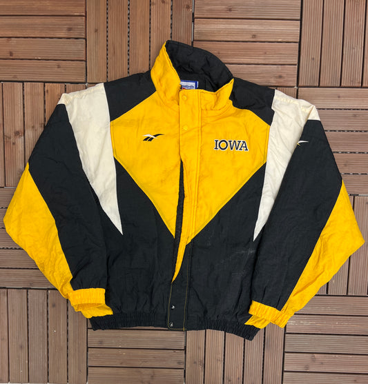 Iowa Hawkeyes Embroidered Graphic Jacket | Size XX-Large | Vintage 1990s Reebok College Sports Yellow Puffer Jacket |