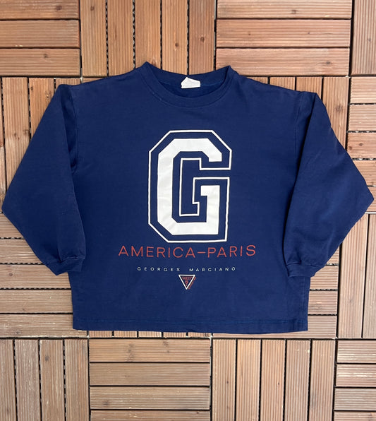 Guess by Georges Marciano Graphic Crewneck | Size Large | Vintage 1990s Branded Promotional Blue Sweater |