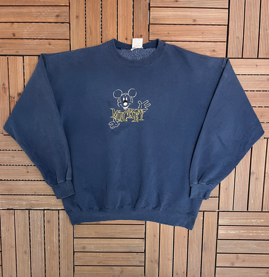 Mickey Mouse Embroidered Graphic Crewneck | Size X-Large | Vintage 1990s Blue Mickey Mouse Disney Sweater |