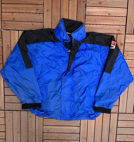 Marlboro Stitched Logo Graphic Windbreaker | Size x-Large | Vintage 1990s Promotional Blue Windbreaker Jacket | Free Shipping to USA |