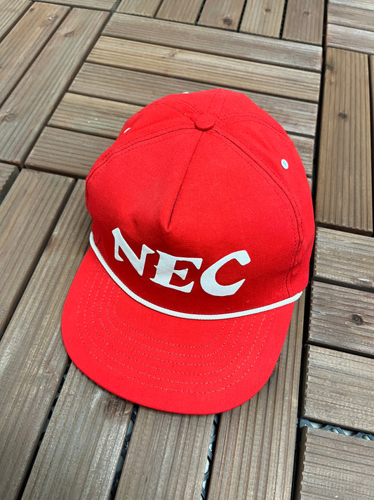 NEC Corporations Graphic Hat | Snap Back | Vintage 1990s Made in USA Red Promotional Cap |