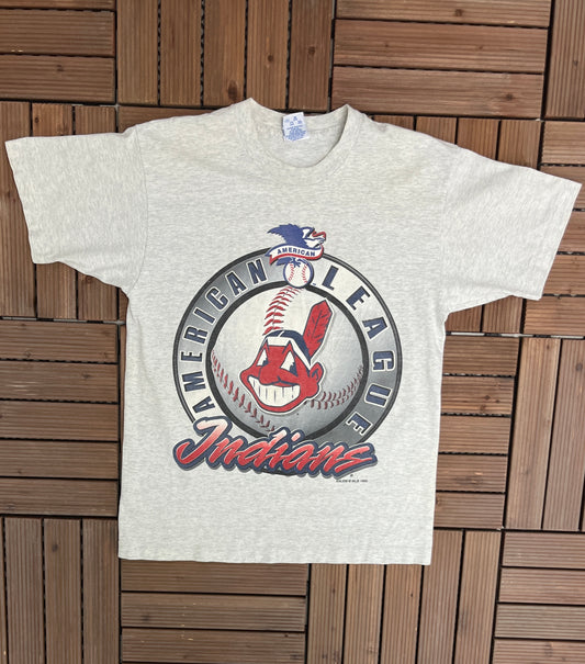 Cleveland Indians American League Graphic Tee | Size Medium | Vintage 1990s Single Stitch Grey T-Shirt | Made in USA | Free Shipping to USA|