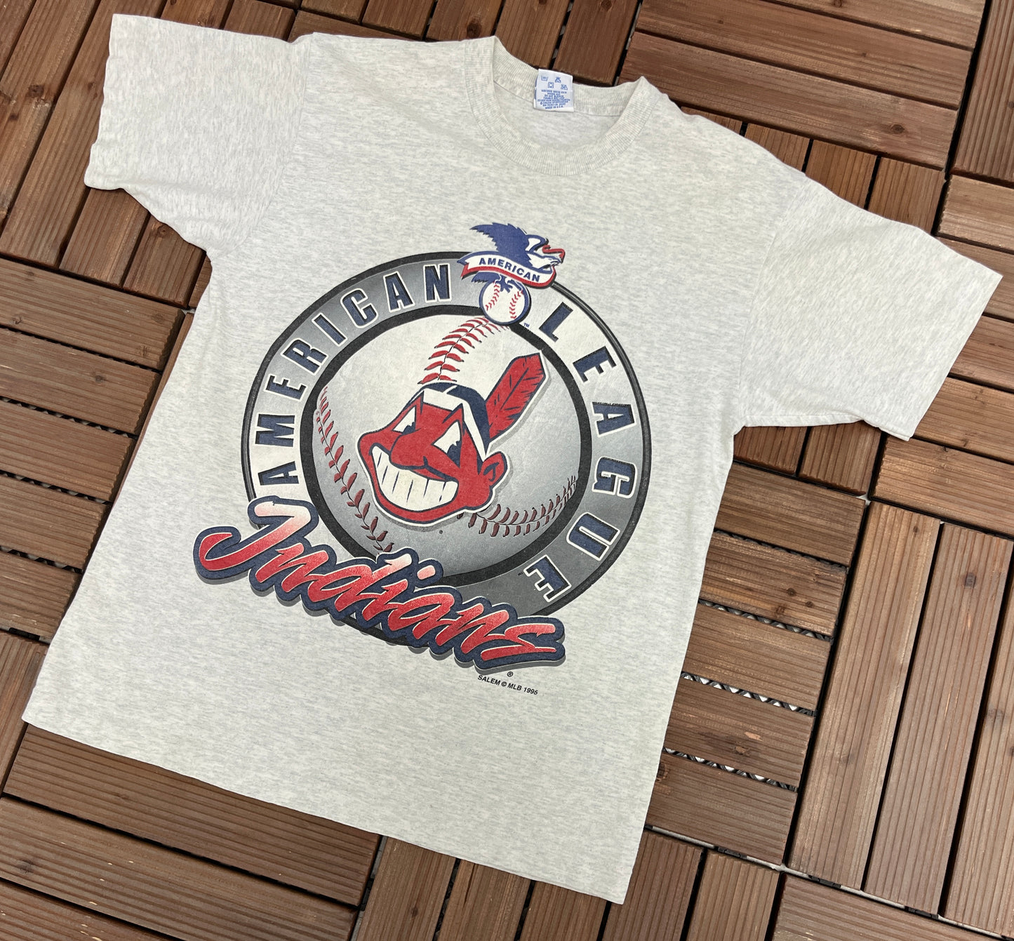 Cleveland Indians American League Graphic Tee | Size Medium | Vintage 1990s Single Stitch Grey T-Shirt | Made in USA | Free Shipping to USA|