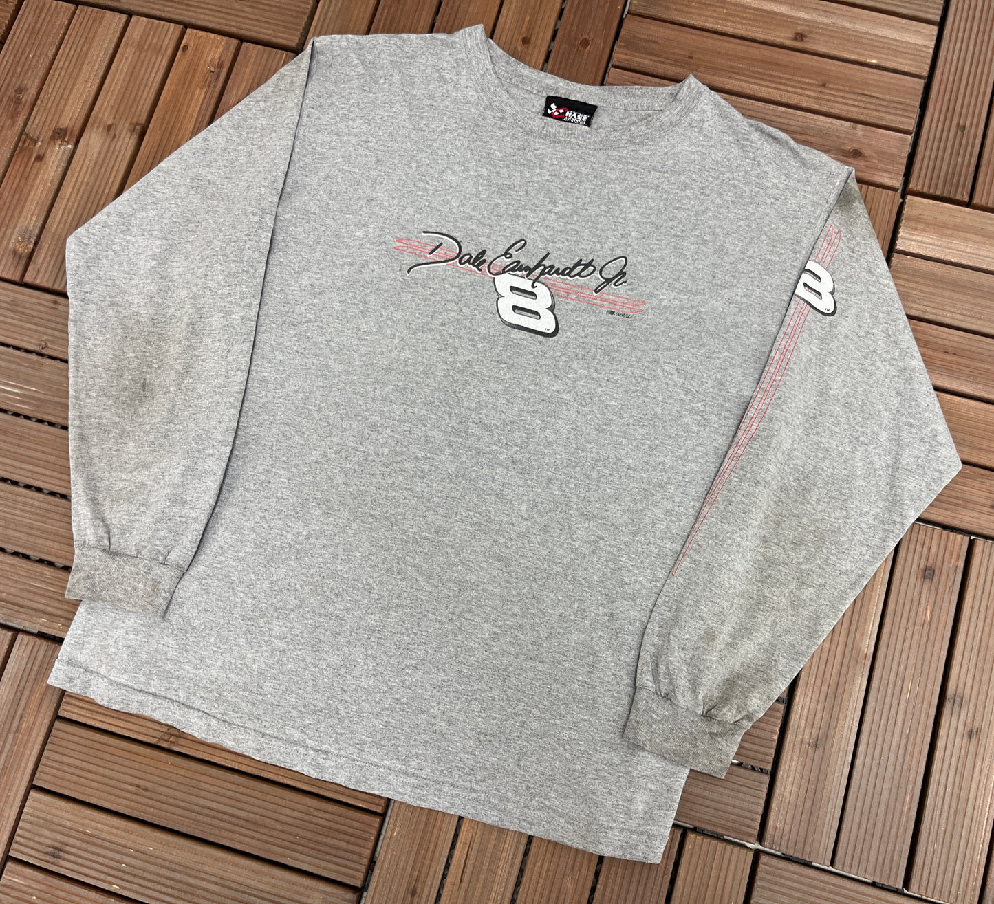 Dale Earnhardt Jr NASCAR #8 Graphic Tee | Size Large | Vintage 2000s Racing Grey Long Sleeve T-Shirt | Free Shipping to USA |