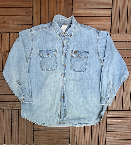 Carhartt Spell Out Patch Light Denim Shirt | Size XX-Large | Vintage 1990s Blue Light Denim Jacket |