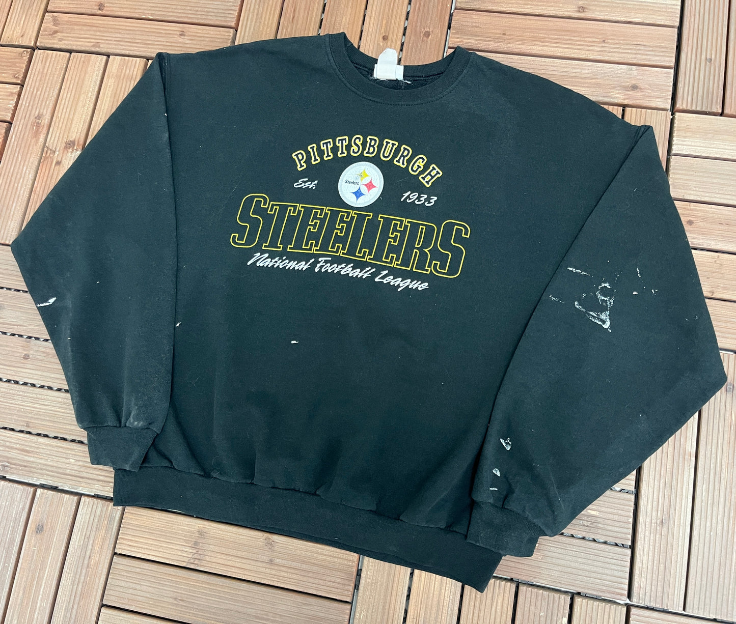 Pittsburgh Steelers Graphic Crewneck | Size Large | Vintage 1990s NFL Football Black Sweater |