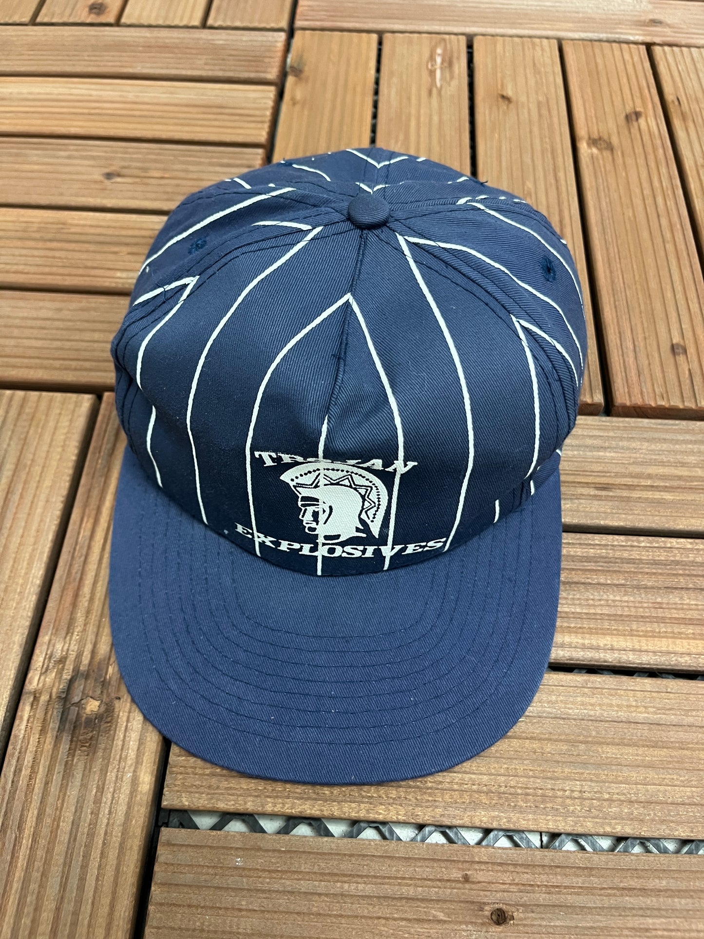 Trojan Explosives Graphic Hat | Adjustable With Snap Back | Vintage 1990s Promotional Pinstripe Blue Cap | Free Shipping to USA |