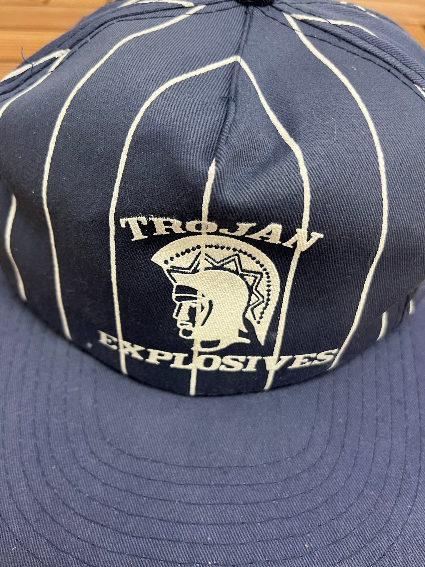 Trojan Explosives Graphic Hat | Adjustable With Snap Back | Vintage 1990s Promotional Pinstripe Blue Cap | Free Shipping to USA |