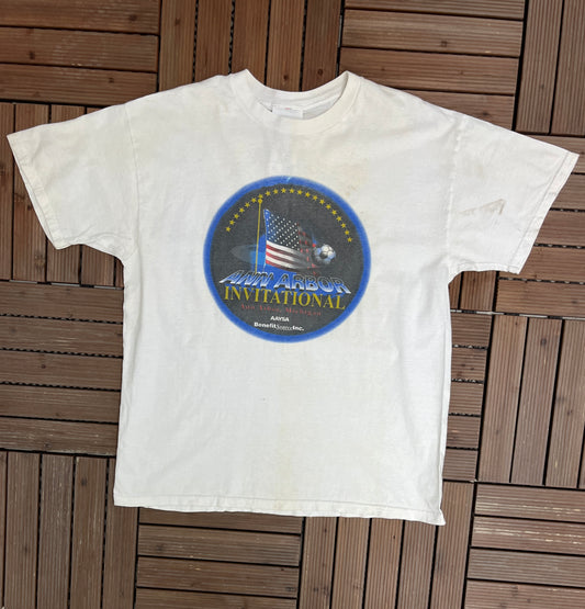 Ann Arbor Invitational Graphic Tee | Size XL | Vintage 1990s Lotto Soccer Branded White T-Shirt | Ann Arbor, Michigan |Free Shipping to USA|