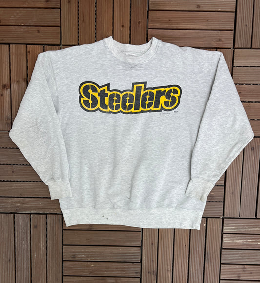 Pittsburgh Steelers Graphic Crewneck | Size Large | Vintage 1990s NFL Football Mildly Distressed Grey Sweater |