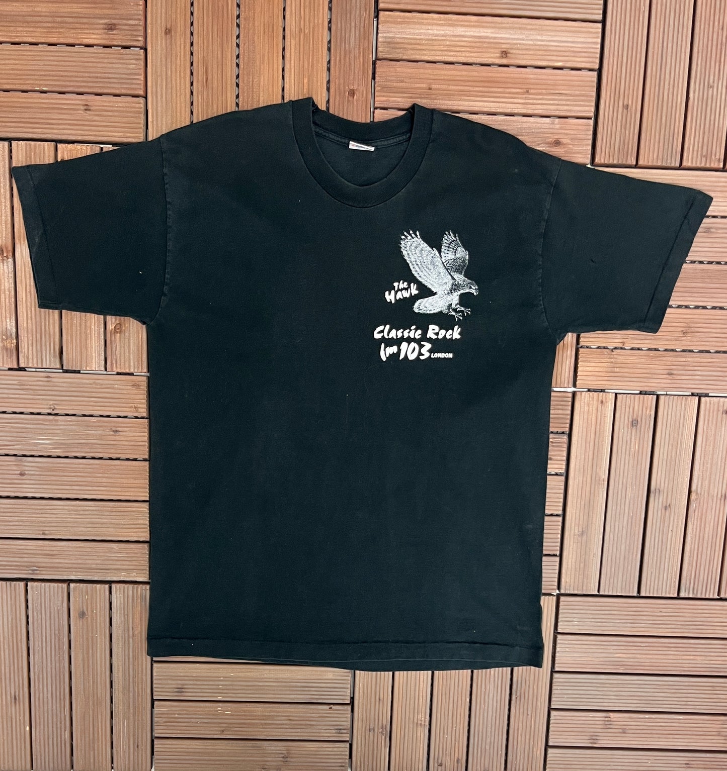 FM 103 The Hawk London Graphic Tee | Size X-Large | Vintage 1990s Single Stitch Promotional Black T-Shirt | Free Shipping to USA |