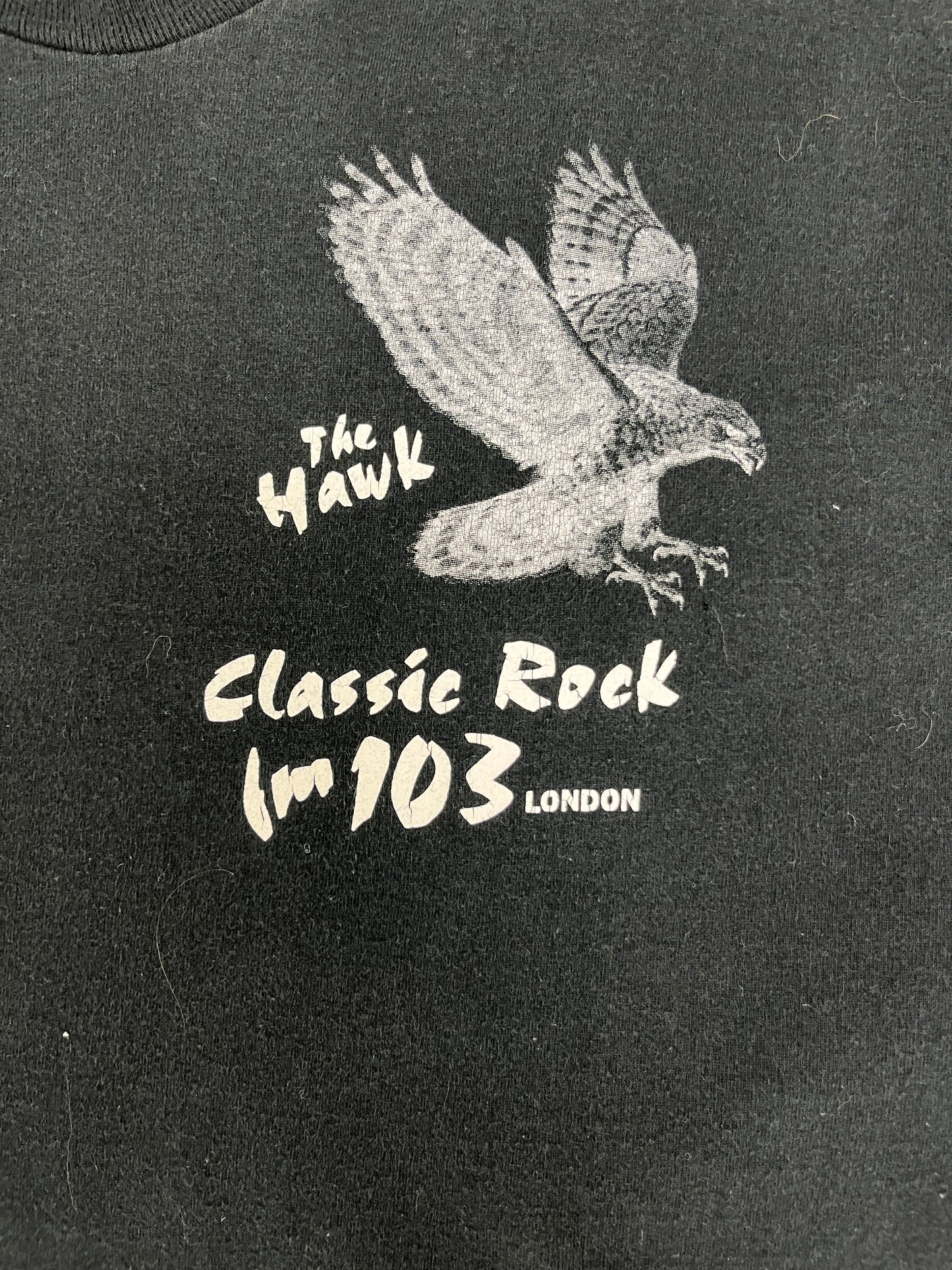 FM 103 The Hawk London Graphic Tee | Size X-Large | Vintage 1990s Single Stitch Promotional Black T-Shirt | Free Shipping to USA |