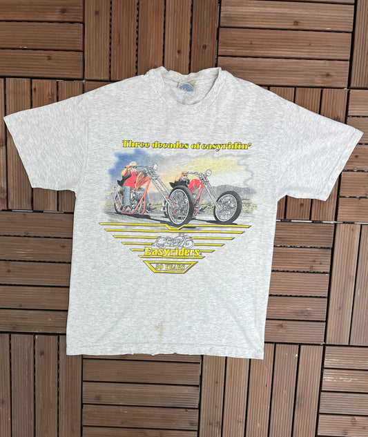 Three Decades Of Easyridin' Graphic Tee | Size Medium | Vintage 2000s Biker Motorcycle Grey T-Shirt |