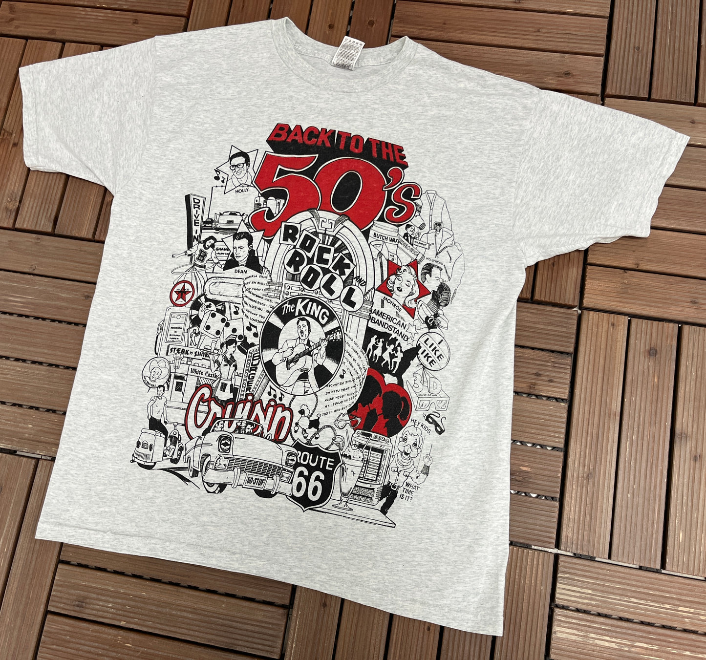 Back To The 50's Graphic Tee | Size X-Large | Vintage 2000s Promotional Grey T-Shirt |