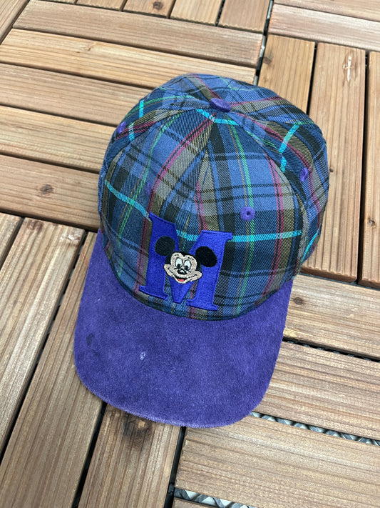 Mickey Mouse Embroidered Graphic Hat | Snap Back | Vintage 1990s Disney Promotional Plaid Cap |