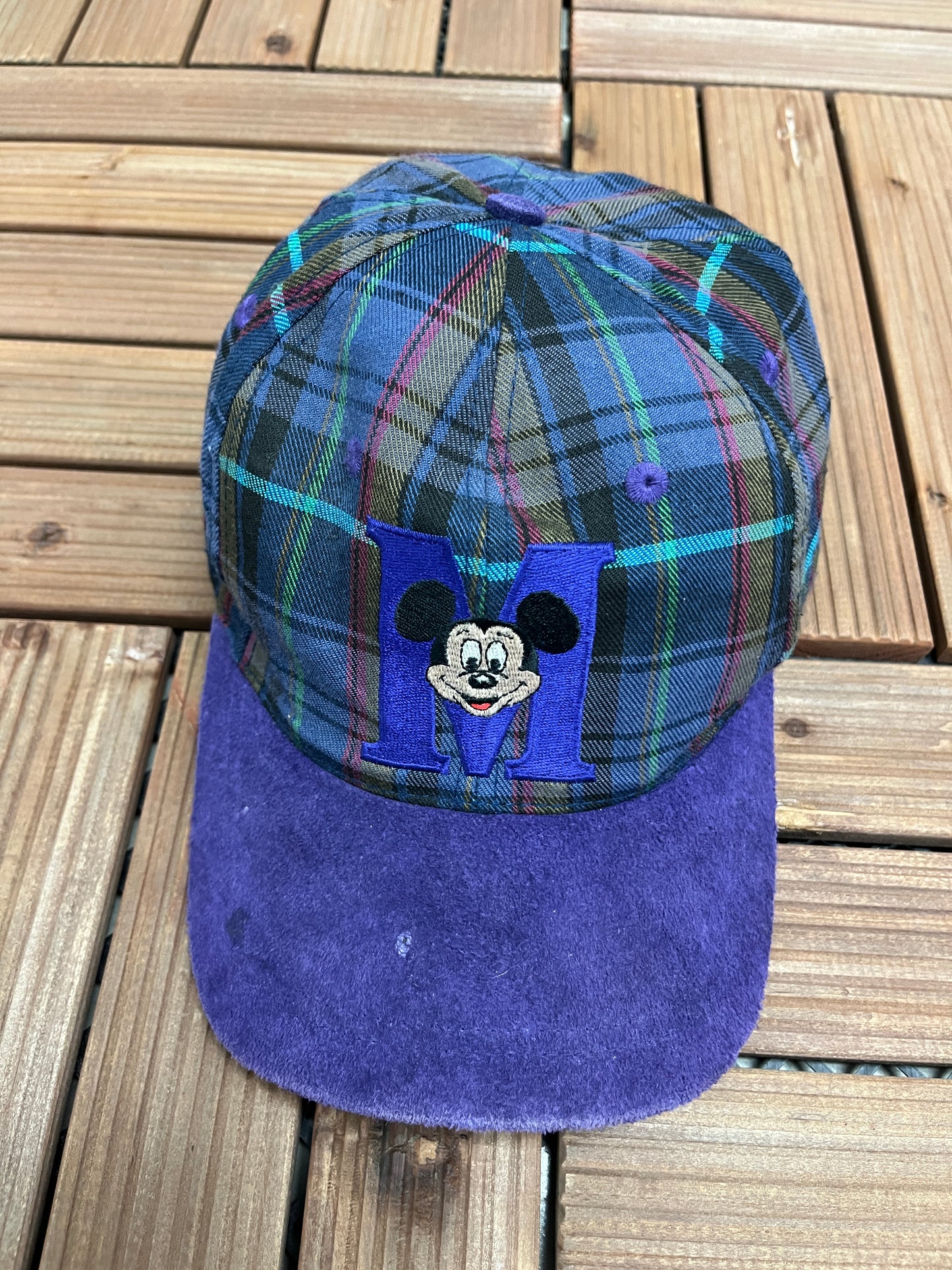 Mickey Mouse Embroidered Graphic Hat | Snap Back | Vintage 1990s Disney Promotional Plaid Cap |