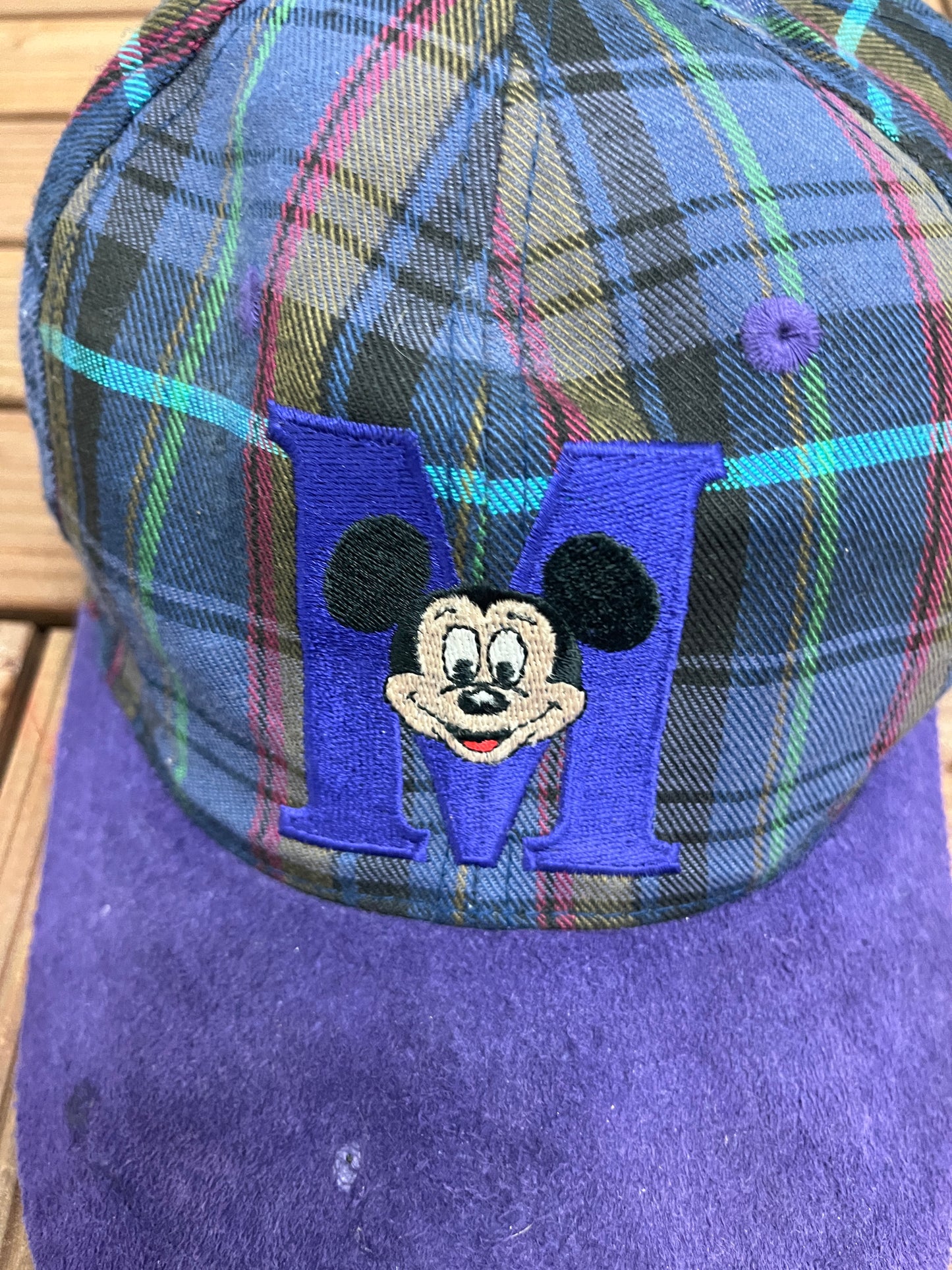 Mickey Mouse Embroidered Graphic Hat | Snap Back | Vintage 1990s Disney Promotional Plaid Cap |