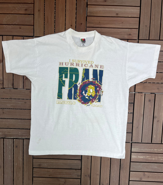 I Survived Hurricane Fran Graphic Tee | Size X-Large | Vintage 2000s Promotional White T-Shirt |