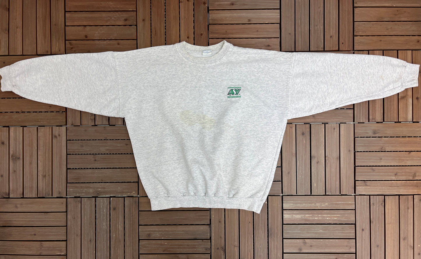 Saskatchewan Roughriders Embroidered Graphic Crewneck | Size X-Large | Vintage 1990s CFL Football Grey Sweater |