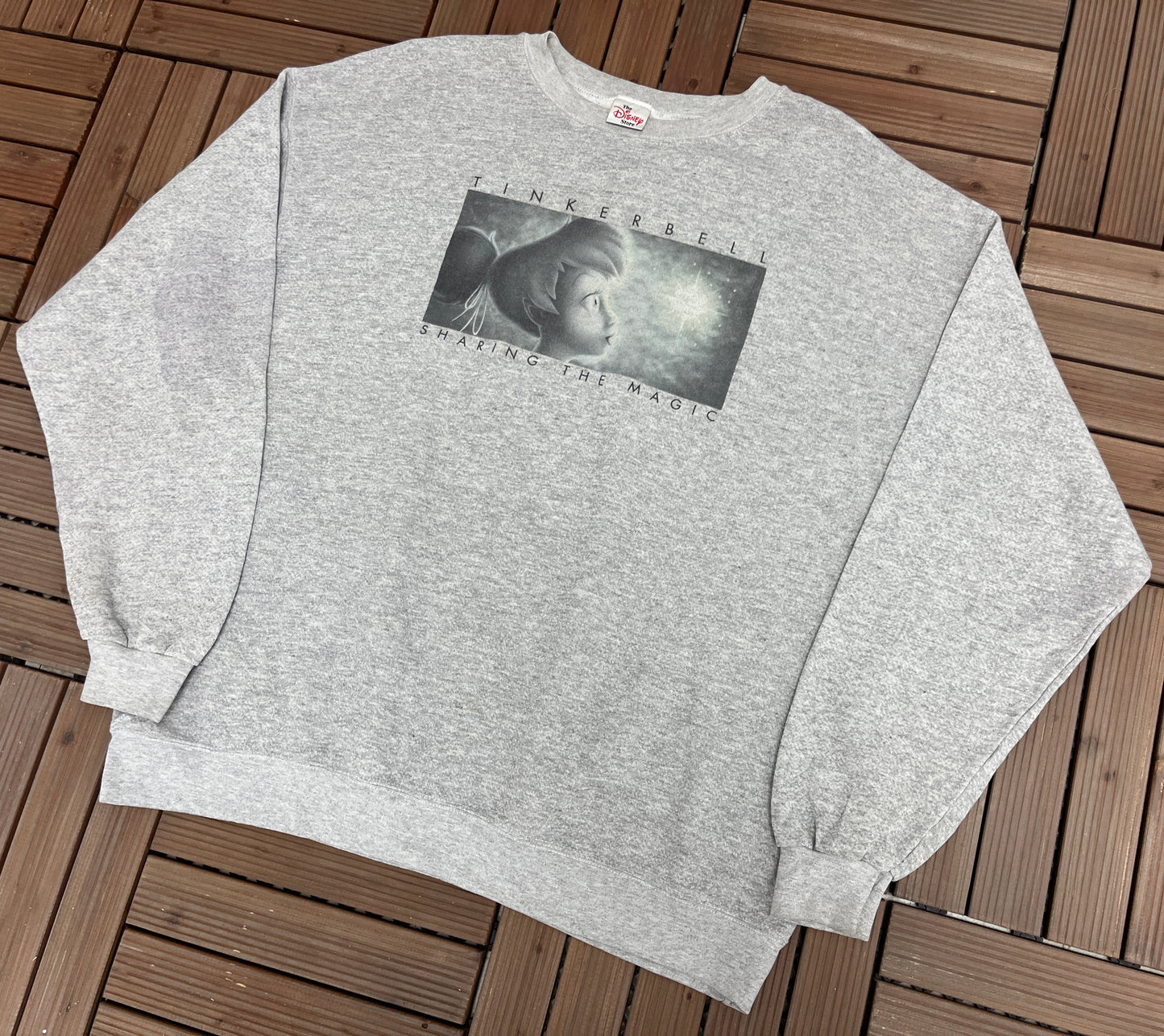 Tinkerbell Sharing The Magic Graphic Crewneck | Size XX-Large | Vintage 1990s Disney Cartoon Grey Sweater | Free Shipping to USA|