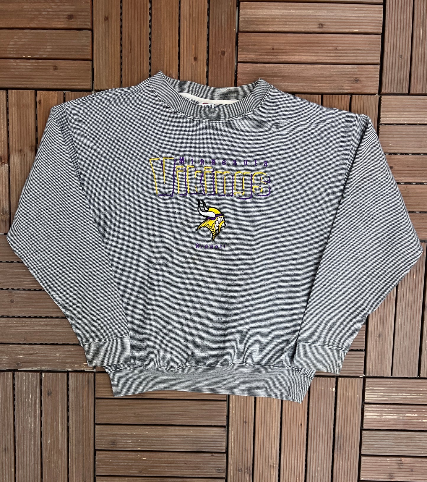 Minnesota Vikings Embroidered Graphic Crewneck | Size Large | Vintage 1990s NFL Football Speckled Sweater |