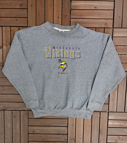 Minnesota Vikings Embroidered Graphic Crewneck | Size Large | Vintage 1990s NFL Football Speckled Sweater |