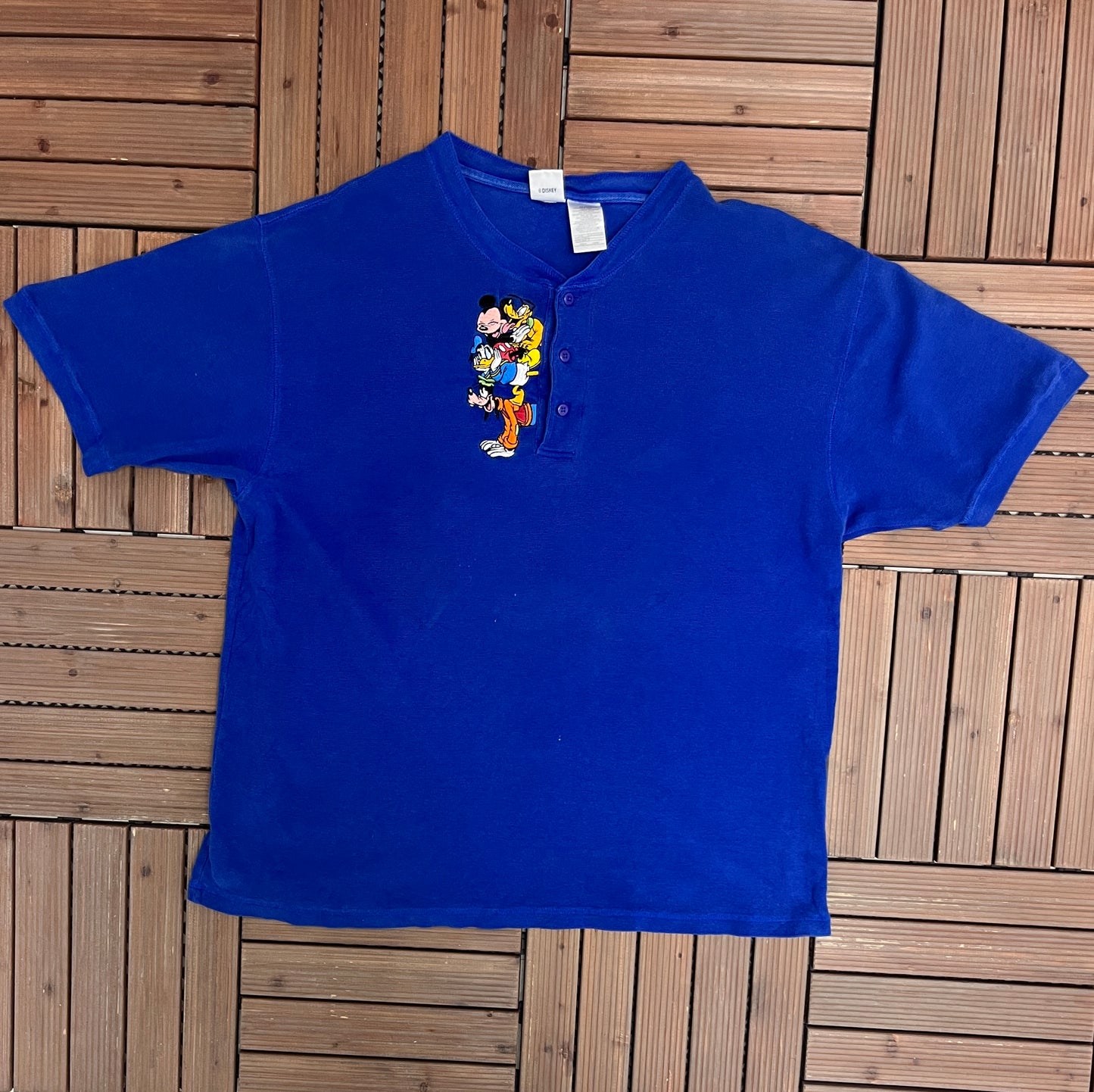 Mickey Mouse Embroidered Graphic Tee | Size X-Large | Vintage 1990s Disney Cartoon Blue T-Shirt |