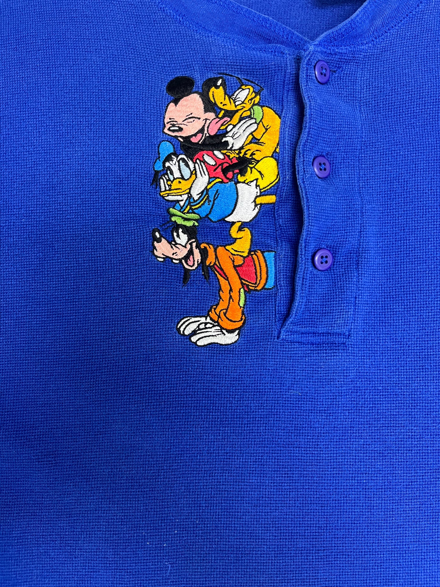 Mickey Mouse Embroidered Graphic Tee | Size X-Large | Vintage 1990s Disney Cartoon Blue T-Shirt |