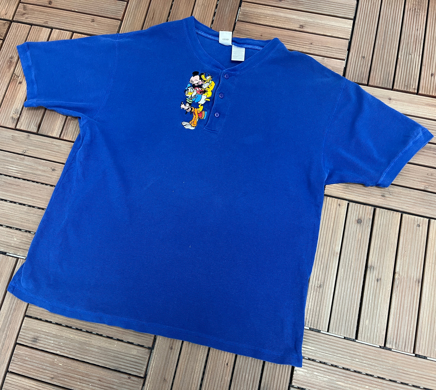 Mickey Mouse Embroidered Graphic Tee | Size X-Large | Vintage 1990s Disney Cartoon Blue T-Shirt |