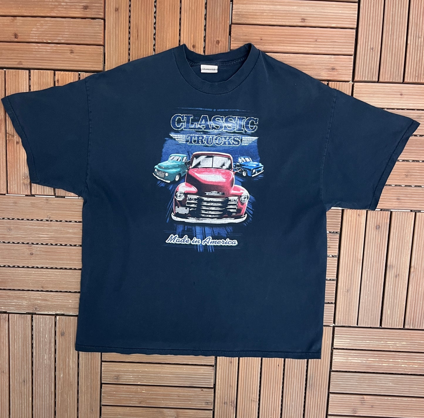 Classic Trucks Made in America Graphic Tee | Size XX-Large | Vintage 2000s Muscle Car Promotional Blue T-Shirt |