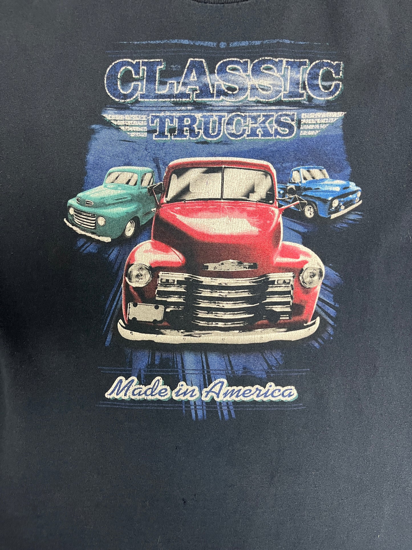 Classic Trucks Made in America Graphic Tee | Size XX-Large | Vintage 2000s Muscle Car Promotional Blue T-Shirt |