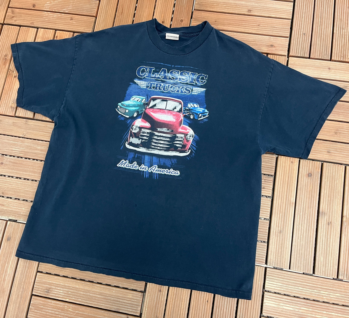 Classic Trucks Made in America Graphic Tee | Size XX-Large | Vintage 2000s Muscle Car Promotional Blue T-Shirt |