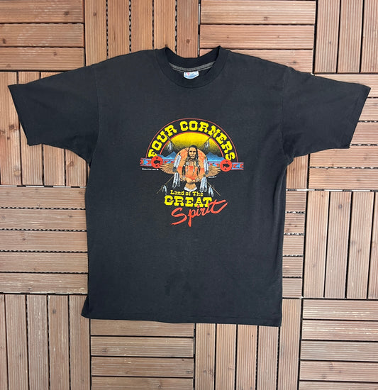 Four Corners Land Of The Great Spirit Graphic Tee | Size X-Large | Vintage 1980s Promotional Black T-Shirt |