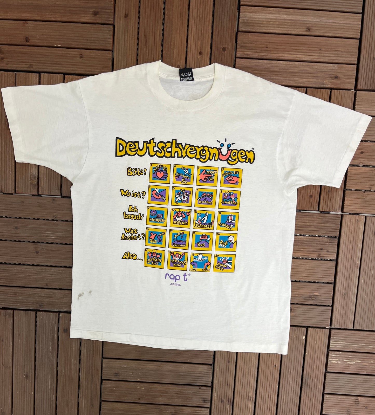 Deutschvergnügen Rap T Graphic Tee | Size X-Large | Vintage Made in USA Single Stitch White T-Shirt |