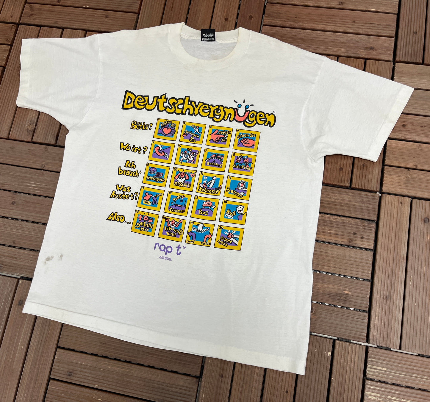 Deutschvergnügen Rap T Graphic Tee | Size X-Large | Vintage Made in USA Single Stitch White T-Shirt |