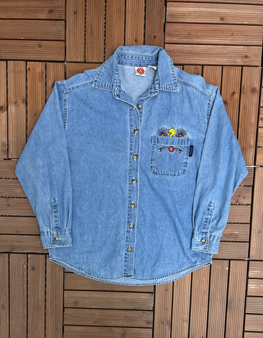 Tweety Bird Graphic Denim Jacket | Size Small | Vintage 2000s Looney Tunes Jean Jacket |