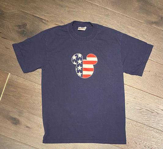 Disney Mickey Mouse American Flag Graphic Tee | Size Small | Vintage 2000s Disney Cartoon Promotional Blue T-Shirt | Free Shipping to USA |