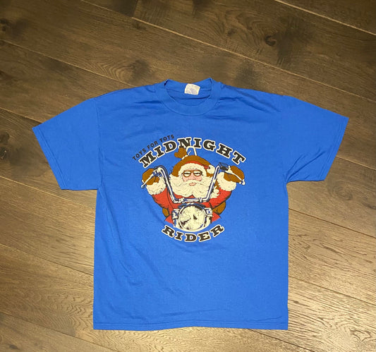 Santa Toys For Tots Midnight Rider Graphic Tee | Size Large | Vintage 2000s Christmas Holidays Blue T-Shirt | Free Shipping to USA |