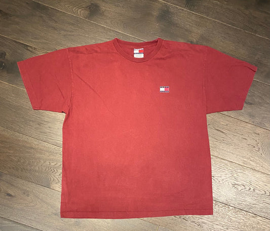 Tommy Hilfiger Small Logo Graphic Tee | Size XL | Vintage 1990s Branded Red T-Shirt | Made in Mexico | Free Shipping to USA |