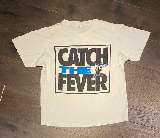 Florida Marlins Catch The Fever Graphic Tee | Size XL | Vintage 2000s White MLB Baseball T-Shirt | Black & Blue | Free Shipping to USA |