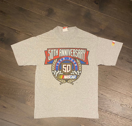 NASCAR 50th Anniversary Graphic Tee | Size Large | Vintage 1990s Racing Grey T-Shirt | Jeff Gordon & Dale Earnhardt | Free Shipping to USA |