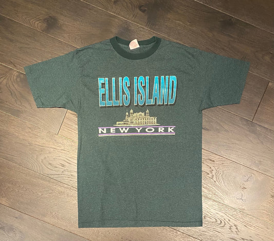 Ellis Island, New York Graphic Tee | Size Large | Vintage 1990s Single Stitch Striped Green T-Shirt | Made in USA | Free Shipping to USA |