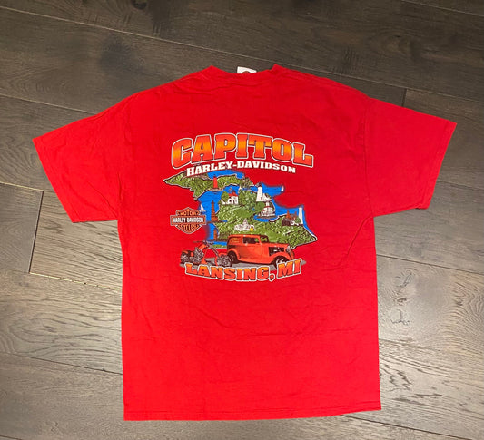 Harley Davidson Lansing, Michigan Graphic Tee | Size XL | Vintage 2000s Biker Red T-Shirt | Hardcore Motorcycles | Free Shipping to USA |