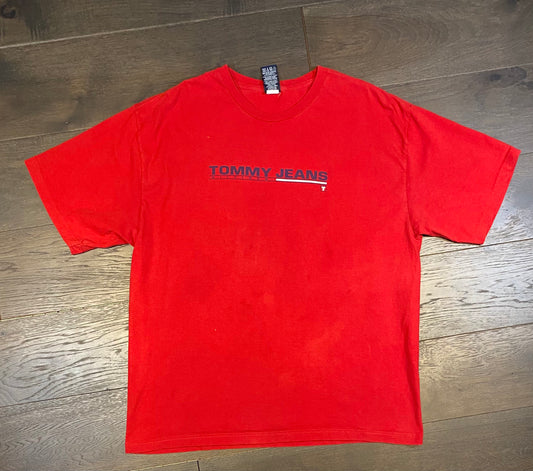 Tommy Jeans Graphic Tee | Size XXL | Vintage 1990s Style Cotton Retro Branded Red T-Shirt | Free Shipping to USA |