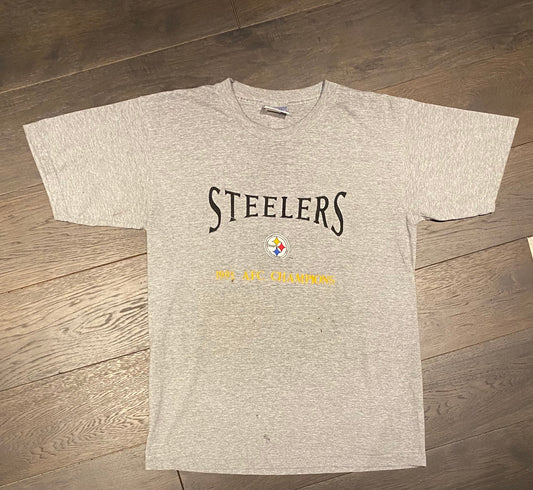 Pittsburgh Steelers 1995 AFC Champions Embroidered Graphic Tee | Size Large | Vintage 1990s NFL Football Grey T-Shirt |Free Shipping to USA|